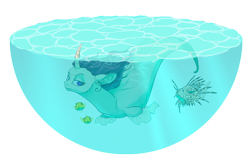 Size: 1000x650 | Tagged: safe, artist:bellmod, oc, oc only, oc:belladonna bloom, fish, sea pony, curved horn, lionfish, puffer fish, seaponified, species swap, underwater