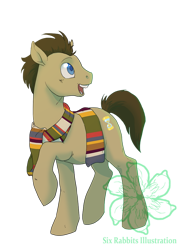 Size: 757x1000 | Tagged: dead source, safe, artist:bellmod, doctor whooves, pony, clothes, male, open mouth, raised hoof, scarf, simple background, solo, stallion, tom baker's scarf, transparent background, watermark