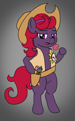 Size: 615x1000 | Tagged: safe, artist:phallen1, oc, oc only, oc:quick draw, pony, 30 minute art challenge, applejack's hat, bad pun, badge, bipedal, candy, clothes, costume, hat, holster, lollipop, nightmare night, obvious joke, paintbrush, pun, standing