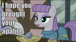 Size: 960x540 | Tagged: safe, edit, edited screencap, screencap, maud pie, hearthbreakers, caption, food, geology, image macro, joke, meme, pun, rock pun, rock soup, solo, soup