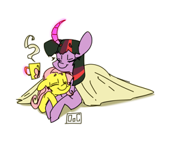 Size: 3000x2500 | Tagged: safe, artist:ogaraorcynder, derpibooru import, fluttershy, twilight sparkle, pegasus, pony, blanket, curved horn, eyes closed, female, floppy ears, lesbian, magic, mare, prone, shipping, simple background, smiling, snuggling, telekinesis, twishy