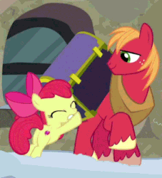Size: 380x419 | Tagged: safe, screencap, apple bloom, big macintosh, earth pony, pony, hearthbreakers, adorabloom, animated, brother and sister, cropped, cute, duo, faceplant, fail, falling, female, filly, foal, male, siblings, silly, silly pony, slipping, snow, stallion, trunk