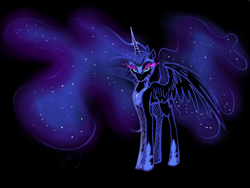 Size: 1600x1200 | Tagged: safe, artist:melizzadark, nightmare moon, alicorn, black coat, female, horn, mare, simple background, solo