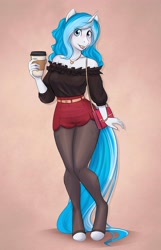 Size: 2437x3789 | Tagged: safe, artist:askbubblelee, oc, oc only, oc:bubble lee, oc:imago, anthro, unguligrade anthro, unicorn, anthro oc, both cutie marks, clothes, coffee, handbag, jewelry, lipstick, looking at you, necklace, shorts, shoulderless, solo