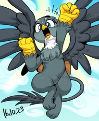 Size: 1000x1213 | Tagged: safe, artist:nekubi, gabby, griffon, cute, female, fist, fist pump, gabbybetes, happy, mailbag, solo