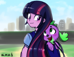 Size: 1300x1000 | Tagged: safe, artist:haden-2375, spike, twilight sparkle, dog, equestria girls, backpack, clothes, open mouth, spike the dog, tongue out