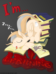 Size: 3000x4000 | Tagged: safe, artist:stinkehund, part of a set, oc, oc only, oc:sepia tone, pegasus, pony, blood, book, drool, female, sleeping, solo