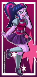 Size: 1401x2929 | Tagged: safe, artist:danmakuman, sci-twi, twilight sparkle, equestria girls, bowtie, clothes, commission, cutie mark, glasses, looking at you, mary janes, raised leg, shoes, skirt, socks, solo