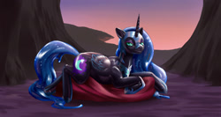 Size: 1741x924 | Tagged: safe, artist:trunchbull, nightmare moon, alicorn, armor, cushion, cutie mark, dusk, female, horn, latex, looking at you, lying down, prone, solo, wings