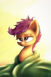 Size: 3444x5167 | Tagged: safe, artist:rameslack, scootaloo, bed mane, blanket, solo, tired