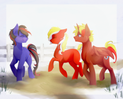 Size: 1280x1024 | Tagged: safe, artist:onion-eyed-goat, oc, oc only, oc:lightningblaze, oc:ratchetwrench, oc:scoots, pony, male, stallion