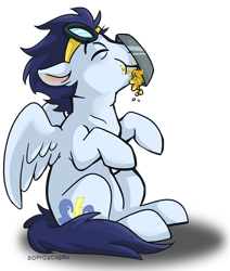 Size: 712x840 | Tagged: safe, artist:spainfischer, soarin', pony, backwards cutie mark, cute, eyes closed, food, goggles, messy eating, pie, sitting, soarinbetes, solo, that pony sure does love pies