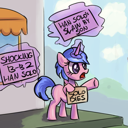 Size: 900x896 | Tagged: safe, anonymous artist, oc, oc only, oc:spoiler mare, pony, unicorn, anatomically incorrect, blank flank, extra legs, female, five legs, frown, hoof hold, levitation, magic, mare, op accidentally started shit, op started shit, open mouth, raised hoof, sign, solo, spoiler, spoilers for another series, star wars, star wars: the force awakens, telekinesis, underhoof