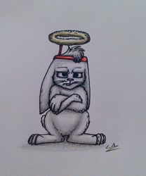 Size: 1829x2200 | Tagged: safe, artist:lupiarts, part of a set, angel bunny, advent calendar, grumpy, halo, pun, solo, traditional art