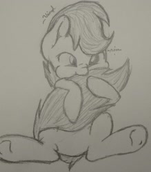 Size: 2340x2668 | Tagged: safe, artist:_vinyl, scootaloo, cute, cutealoo, monochrome, nom, solo, tail bite, traditional art