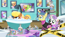 Size: 900x506 | Tagged: safe, artist:pixelkitties, chickadee, mayor mare, ms. harshwhinny, ms. peachbottom, pixel pizazz, prince blueblood, sweetie belle, bagpipes o'toole, bath, bathtub, drunk, police tape, ponified, scotch, soon, toilet, vodka, votehorse