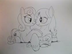Size: 4288x3216 | Tagged: safe, artist:scribblepwn3, caboose, linky, shoeshine, earth pony, pony, 30 minute art challenge, background pony, cabooseshine, female, heart, male, monochrome, pen drawing, shipping, straight, traditional art