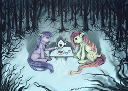 Size: 2256x1605 | Tagged: safe, artist:klalaskaxd, oc, oc only, oc:artline, oc:cosmia nebula, food, forest, snow, tea, tea party