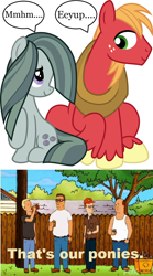 Size: 640x1150 | Tagged: safe, artist:osipush, edit, big macintosh, marble pie, earth pony, pony, hearthbreakers, alley, beer, bill dauterive, boomhauer, dale gribble, eeyup, exploitable meme, hank hill, king of the hill, male, marblemac, meme, shipping, speech bubble, stallion, straight, that's my pony, that's my x