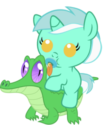 Size: 836x967 | Tagged: safe, artist:red4567, gummy, lyra heartstrings, pony, baby, baby pony, cute, lyrabetes, pacifier, ponies riding gators, recolor, riding, weapons-grade cute