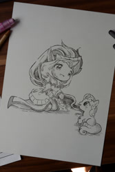 Size: 3072x4608 | Tagged: safe, artist:lighane, sweetie belle, crossover, crying, league of legends, scrapes, smiling, soraka, summoner showcase, traditional art