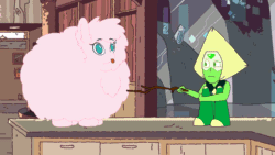 Size: 1280x720 | Tagged: safe, artist:mixermike622, oc, oc:fluffle puff, animated, crossover, peridot (steven universe), poking, poofle universe, sitting, steven universe, stick
