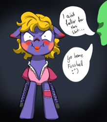 Size: 700x800 | Tagged: safe, oc, oc:anon, oc:blue fuzz, :^), angry, blushing, caught, clothes, cute, dress, makeup, police pony, scrunchy face, stockings, undercover, vulgar, wig