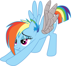 Size: 1500x1382 | Tagged: safe, rainbow dash, pegasus, pony, the cutie re-mark, alternate timeline, apocalypse dash, bedroom eyes, crystal war timeline, face down ass up, iwtcird, meme, nose wrinkle, prosthetic limb, prosthetics, scrunchy face, solo, spread wings, stretching, torn ear