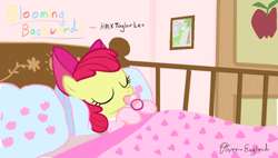 Size: 938x532 | Tagged: dead source, safe, artist:oliver-england, apple bloom, adorabloom, applebetes, blooming backwards, bust, clothes, crib, cute, daaaaaaaaaaaw, door, drawing, fanfic art, footed sleeper, hnnng, oliver-england is trying to murder us, onesie, pacifier, painting, pajamas, portrait, sleeping, solo, sweet dreams fuel