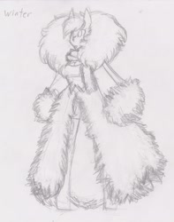 Size: 1617x2047 | Tagged: safe, artist:dp360, oc, oc only, oc:fluffle puff, anthro, monochrome, solo, tongue out, traditional art, winter outfit
