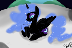 Size: 1024x683 | Tagged: safe, artist:spooky-kitteh, nightmare moon, alicorn, pony, crying, earth, helmet, moon, solo