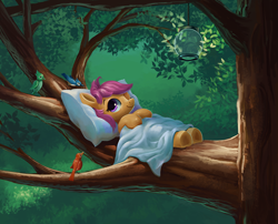 Size: 1200x968 | Tagged: dead source, safe, artist:maggwai, scootaloo, bird, pony, blanket, cute, cutealoo, female, filly, lamp, one eye closed, pillow, smiling, solo, tree