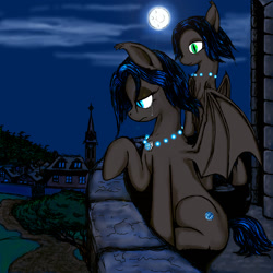 Size: 1440x1440 | Tagged: safe, artist:scribblepwn3, oc, oc only, oc:gemma, oc:lapis, bat pony, pony, crying, digital art, magic amulet, moon, night, sad, town, twins