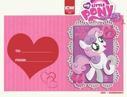 Size: 1600x1214 | Tagged: safe, artist:lea hernandez, idw, sweetie belle, anatomically incorrect, comic cover, cute, diasweetes, horseshoes, incorrect leg anatomy, looking at you, scissors, valentine