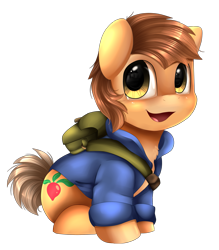 Size: 1975x2256 | Tagged: safe, artist:pridark, oc, oc only, earth pony, pony, backpack, clothes, commission, cute, open mouth, simple background, sitting, solo, transparent background