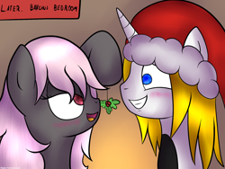 Size: 1600x1200 | Tagged: dead source, safe, artist:sojek, oc, oc only, oc:bakchus, oc:mingle, blushing, christmas, hat, holly, holly mistaken for mistletoe, minchus, oc x oc, romantic, santa hat, shipping