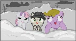 Size: 643x351 | Tagged: safe, artist:agm, edit, sweetie belle, oc, oc:dazzling "dodo" dusk, bad edit, beanie, hat, snow