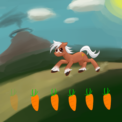 Size: 1000x1000 | Tagged: safe, artist:pinkamenadianepi, earth pony, pony, carrot, death mountain, epona, female, floppy ears, food, frown, galloping, glare, mare, ponified, running, solo, the legend of zelda