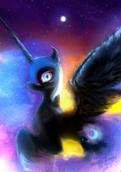 Size: 1000x1412 | Tagged: safe, artist:shakuchan, nightmare moon, alicorn, flying, looking at you, moon, night, solo, stars