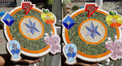 Size: 3000x1634 | Tagged: safe, artist:scarred-spike, craft, custom, element of generosity, element of honesty, element of kindness, element of laughter, element of loyalty, element of magic, elements of harmony, irl, mosaic, photo, stained glass