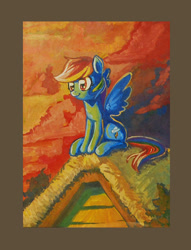 Size: 508x664 | Tagged: safe, artist:lexx2dot0, rainbow dash, pegasus, pony, cute, dashabetes, gouache, painting, roof, rooftop, scenery, solo, traditional art