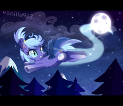 Size: 1600x1371 | Tagged: dead source, safe, artist:spookyle, oc, oc only, oc:dream cloud, bat pony, pony, bat pony oc, fangs, flying, full moon, hairband, looking back, moon, night, night sky, sky, slit eyes, starry night, stars, tail wrap, trail, tree, underhoof