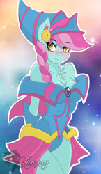 Size: 580x1000 | Tagged: safe, artist:zombies-pudding, oc, oc only, oc:satchel charge, anthro, blushing, dark magician girl, solo, yu-gi-oh!