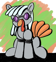 Size: 1121x1244 | Tagged: safe, artist:greenfinger, oc, oc only, oc:turing test, pony, robot, robot pony, fanfic:the iron horse: everything's better with robots, clothes, costume, food, meat, turkey, turkey costume