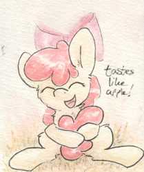 Size: 690x826 | Tagged: safe, artist:slightlyshade, apple bloom, eyes closed, happy, sitting, solo, traditional art