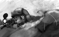 Size: 1280x800 | Tagged: safe, artist:warpony, oc, oc only, oc:dazzling "dodo" dusk, earth pony, pony, fallout equestria, fallout equestria: the fossil, 360 noscope, bullet, female, floppy ears, gun, hooves, mare, monochrome, optical sight, pipbuck, rifle, rock, sad, scope, sniper, sniper rifle, solo, war, weapon