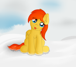 Size: 2500x2200 | Tagged: safe, artist:fluttair, oc, oc only, oc:sunrise, cute, female, looking at you, snow, solo, tongue out