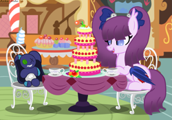 Size: 1801x1260 | Tagged: safe, artist:asika-aida, oc, oc only, oc:lunarella, bat pony, pony, cake, food, pigtails, plushie, solo, sugarcube corner, table, tea party, teacup