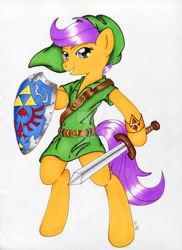 Size: 1024x1410 | Tagged: safe, artist:shyredd, scootaloo, pony, bipedal, clothes, cosplay, costume, crossover, link, shield, solo, sword, the legend of zelda, weapon