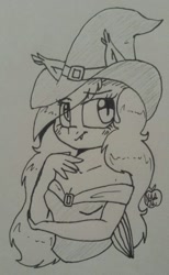 Size: 789x1280 | Tagged: safe, artist:notenoughapples, oc, oc only, oc:starstruck symphony, anthro, bat pony, bat ponified, hat, inktober, monochrome, race swap, solo, traditional art, witch hat